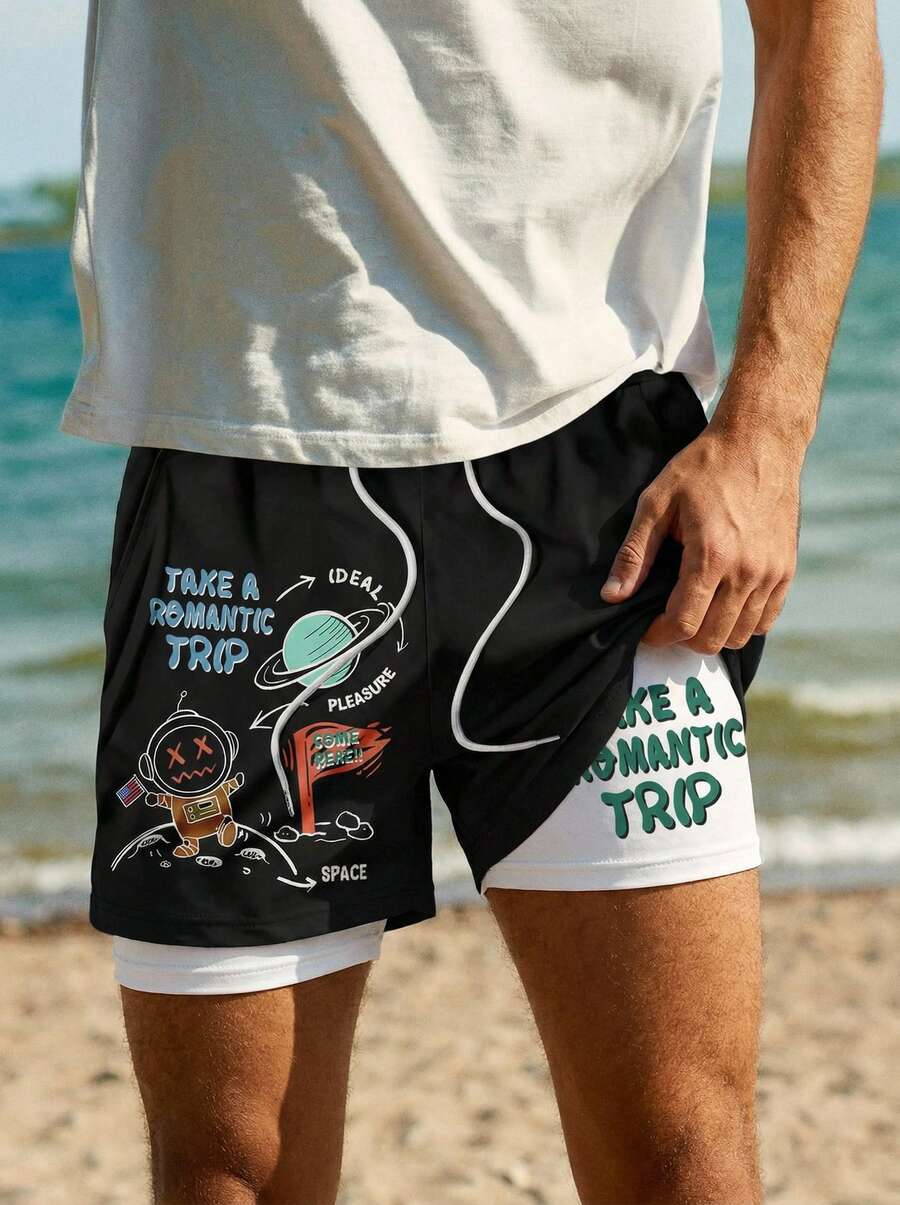 Whitmere Pantalones cortos deportivos casuales cómodos con estampado para hombres, estilo hawaiano, retro americano, unisex, ajuste relajado, atuendos de verano - Adecuados para uso diario y atuendos de vacaciones de verano. - Negro - Ver 1