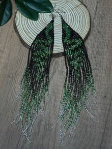 AHAYA Handmade Woven Glass Beaded Snake Pattern Earrings With Long Tassel, Bohemian Inspired Design, Creative Bead Jewelry, Versatile For Halloween, Carnival, Daily Wear - Green - View 3