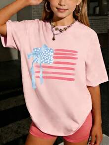 1 Pack Of Girls' Casual Printed Round Neck Short Sleeve T-Shirts, Summer Clothes For Young Students - 粉色 - 查看 2