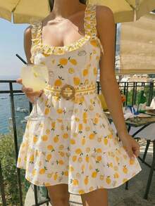 Women's Summer Casual Beach Vacation Lemon Print Ruffle Waist Tie Dress Elegant - Multicolor - View 4