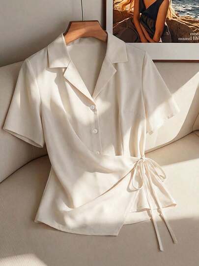 女士纯色翻领短袖侧系带优雅衬衫，适合春夏派对和聚会穿着