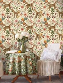 1卷时尚可爱植物豹纹壁纸，现代甜美植物动物印花壁纸，适用于各种房间墙壁和橱柜装饰，手工薄膜壁纸 - 多色 - 查看 2