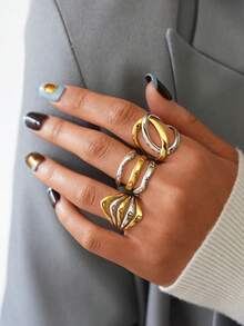 Frminee 3 PCS / 1 PC Stainless Steel Geometric Line Wide Ring 18K Gold Plated Metal Layered Waterproof Daily Simple Stylish Golden Jewelry For Women - Gold and Silver - View 3