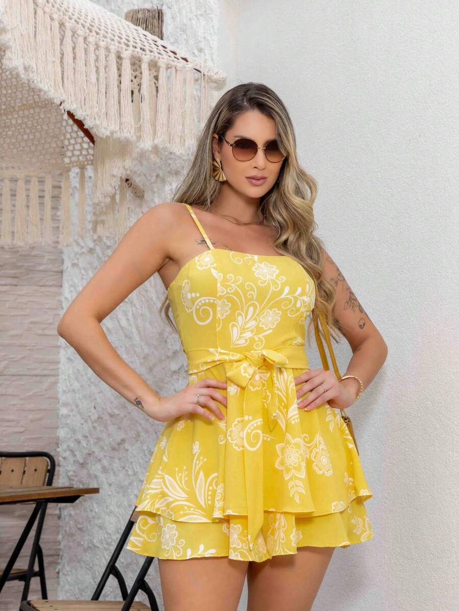 Basic Printed Romper With Padded Cups Duna Premium Sizes P, M, G, And GG - Tropical Yellow - View 1