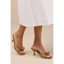 Chase & Chloe Women Sheer Lace Bow Heeled Mule Sandals Open Toe Slip On Dress Slide Mid Heel Elegant Evening Party Shoes - 銅色 - 查看 3