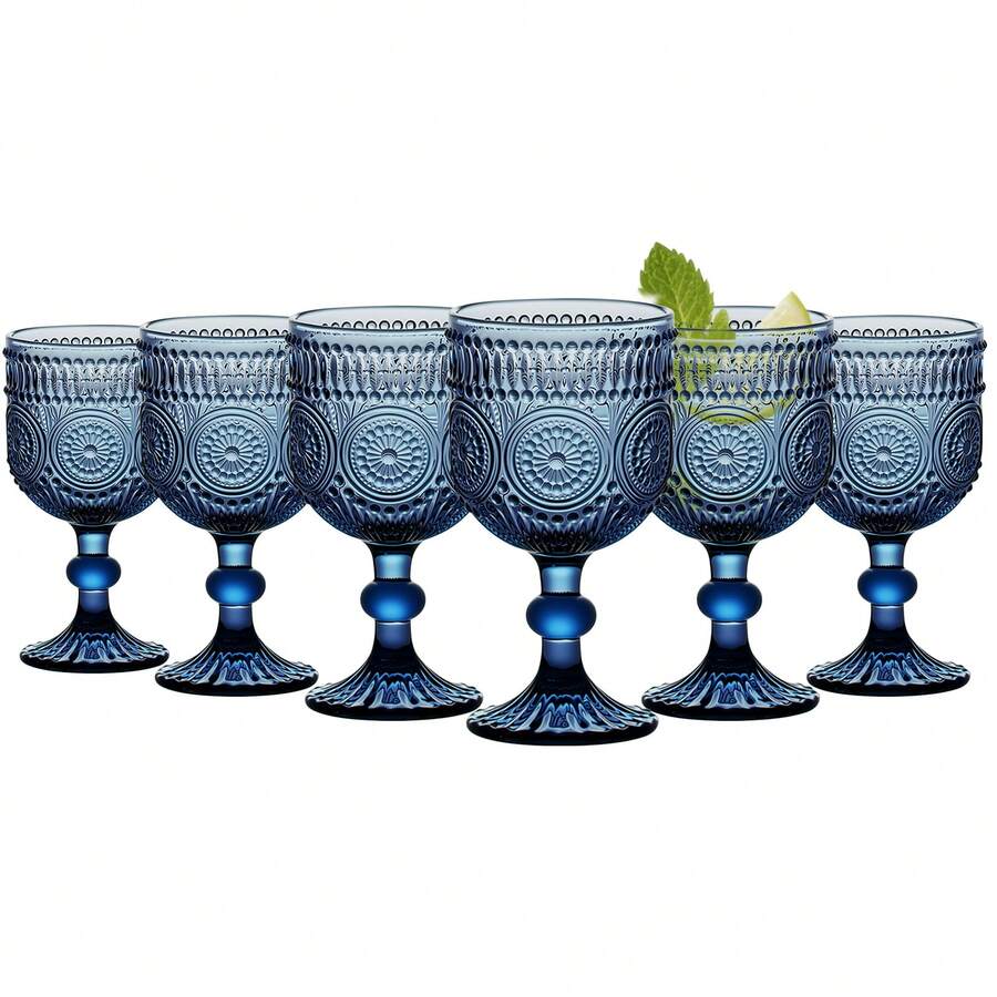Sunflower Embossed Wine Glasses Set Of 6 – 10oz Blue Vintage Goblets, Dishwasher Friendly Stemmed Drinking Cups For Wedding Toast, Cocktail, Juice & Home Entertaining - 藏蓝色 - 查看 1