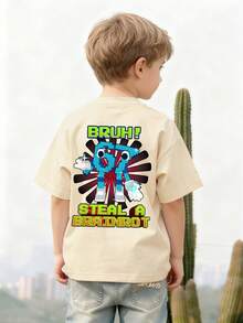 1pc Toddler Boys' Funny Pixel Cartoon & BRUH Letter Print Back Graphic T-Shirt, Casual Round Neck Short Sleeve, American Street Style Loose Fit Gamer Tee, Summer - Apricot - View 2