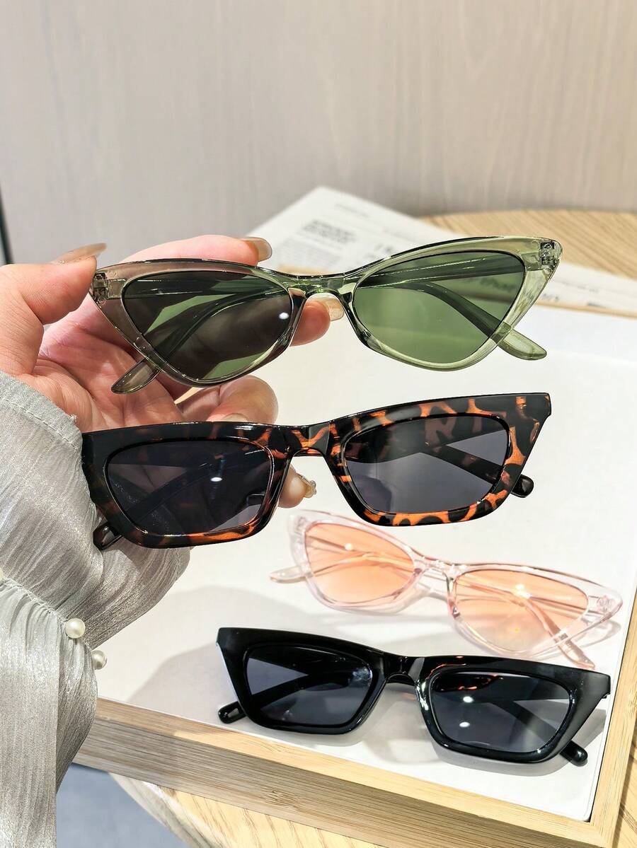 Conjunto de 4 óculos femininos estilo gatinho em policarbonato, com blocos de cores, estilo retrô Y2K, para uso externo, com estojo. - Multicolorido - Ver 1