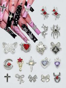 30 Stück sortierte Legierungs-Nagelkunst-Charms, Gothic & Kawaii-Goth Fusion Nageldekoration, DIY Nagel-Accessoires mit zufälliger Mischung aus Herzen, Spinnen, Totenschädeln, Schmetterlingen, Schleifen, Y2K Nagelkunst Edelsteine - Verschiedenfarbig - Übersicht 1