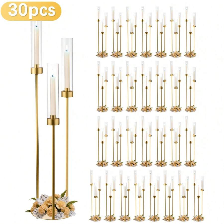 30pcs 3 Arm Gold Candelabra, 33.8inch Metal Candle Holder Centerpieces With Acrylic Lampshade For Wedding Table Centerpiece, Birthday Party, Anniversary Events Home Decor,Mother's Day Party Supplies(Not Include LED Candle) - Chân nến bằng kim loại mạ vàng - Xem 1