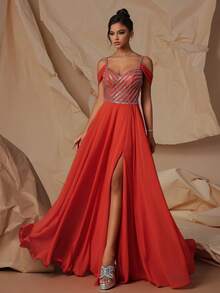 VIPGIRL Orange Tulle High Waist Elegant Women Evening Gown - Orange - View 5