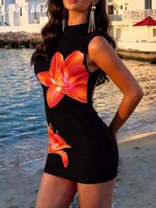 Đầm mini ôm sát không tay in họa tiết hoa ly đỏ dành cho nữ, đầm đi nghỉ mát thanh lịch, gợi cảm, sang trọng, đầm dự tiệc cho nữ, đầm đi biển. - màu đen - Xem 3