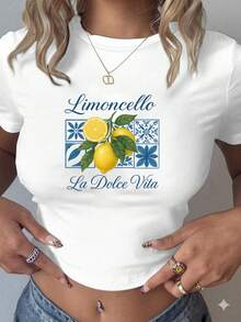 Women's Lemon Print Cropped-Shirt - Italian-Style Design, Stretchy Material Cropped Tee, Suitable Summer Wear, Parties, And Beach - White-Shirt With Blue And Yellow Lemon Print - Y2K Fashion Casual Shirt, Party Wear, Round Neck, Comfortable Fit, Spring Wardrobe, Stylish Design, Breathable Material, Short-Sleeve Top, Women's - 白色 - 查看 1