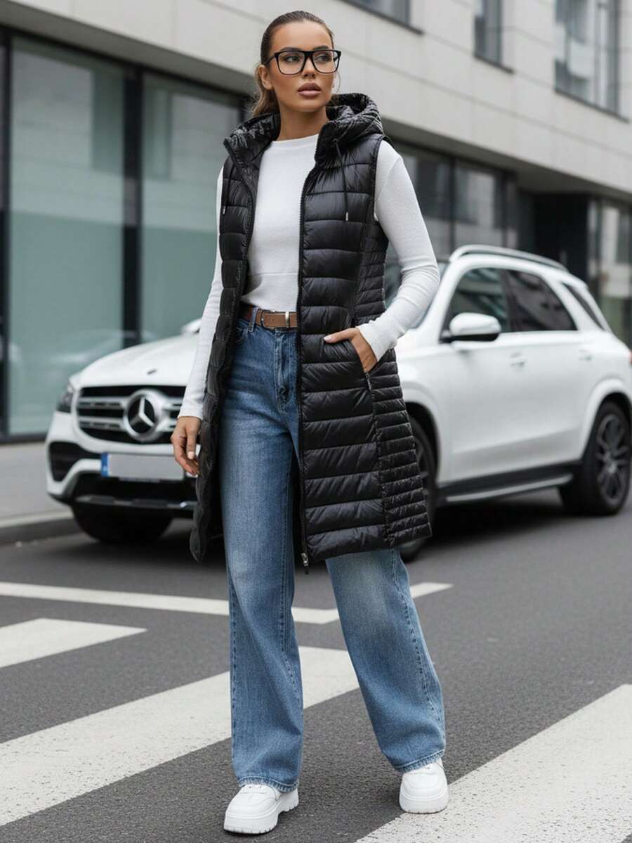 Women's Hooded Quilted Vest, Mid-Thigh Length, Straight Cut, Double Zipper, Side Zipper Pockets, Lightweight Padding, 100% Nylon Fabric, Polyester Lining, Down Vest With Adjustable Hood. - Black - View 1
