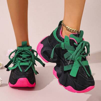 Women's Round-Toe Solid Color Sneakers, Lace-Up Platform Chunky Sneakers