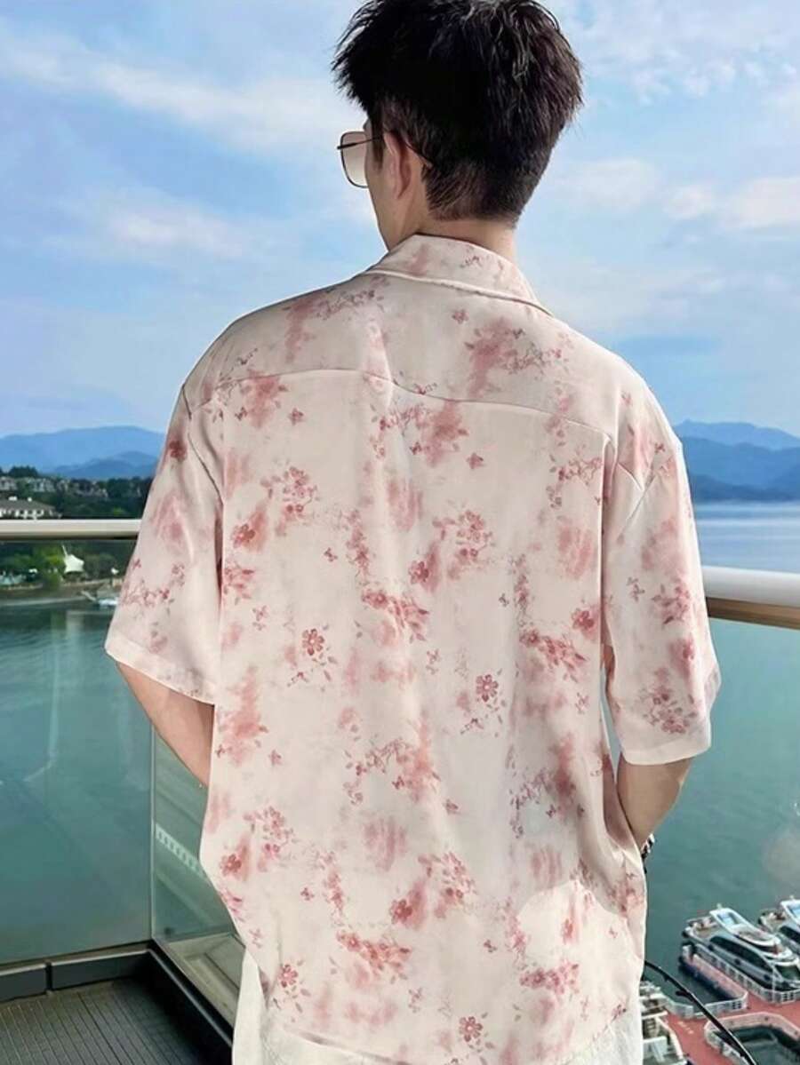 Couple Set Summer Personalized Color Shirt, Men's Hawaiian Vacation Ice Silk Quick Drying Floral Shirt - Pink - View 1