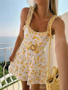 Women's Summer Casual Beach Vacation Lemon Print Ruffle Waist Tie Dress Elegant - Multicolor - View 3