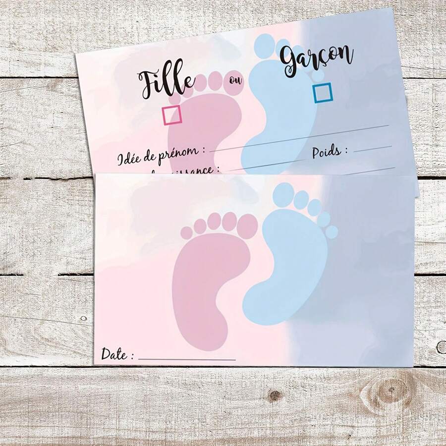 25/50张性别揭晓游戏卡 - 粉色和蓝色墨水脚印设计，男孩或女孩揭晓游戏卡，男孩或女孩投票卡 - 婴儿派对性别投票卡 - 彩色 - 查看 1