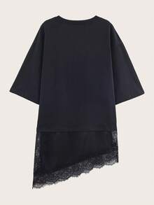 Camiseta de manga corta con contraste de encaje de unicolor, casual de primavera/verano en negro - Negro - Ver 3