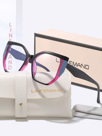  lunettes de mode sans ordonnance à décor d'œil de chat et blocs de couleurs LINFEMAND, grand cadre à design patchwork, accessoire polyvalent à la mode pour le trajet, sans maquillage, cadeau idéal pour les vacances