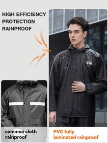 Men's Rain Suit, Black Thickened Adult Motorcycle Rain Jacket, Suitable For Cycling, Outdoor Work And Hiking. Made Of PVC Material, Slim Fit Design. - Men's Raincoat - View 6