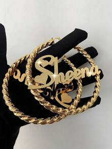 1 Pair 7cm Large Hoop Earrings, Customizable Name Text Personalized Earrings, 18K Gold Fashion Jewelry Stainless Steel, Engraved Bamboo Knot Earrings - Gold Round Name - Large Hoop Earrings, Thanksgiving Christmas - Frosted-gold - View 2