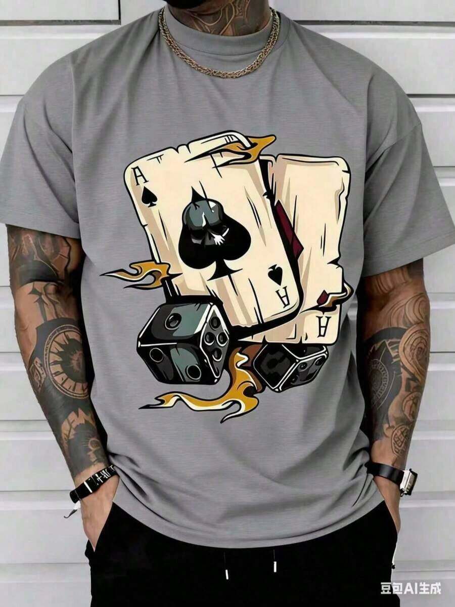 (220 Cotton-Shirt) Summer Round Neck Short Sleeved Casual Cotton Poker-White And Navy Off--Shoulder Cropped TopUnisex Casual-Shirts - 灰色 - 查看 1
