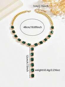 1pc Vintage Luxury Green Square Rhinestone Necklace, Unique Retro Elegant Y-Shaped Clavicle Chain, Exquisite High-End Regal Style Rhinestone Square Choker Necklace, Suitable For Women's Daily, Banquet, Party Wear - 金色 - 查看 5