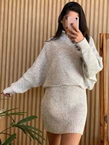 Mayra Women's Knit Set With Batwing Sleeves And Short Skirt In Mousse - Natural - View 4