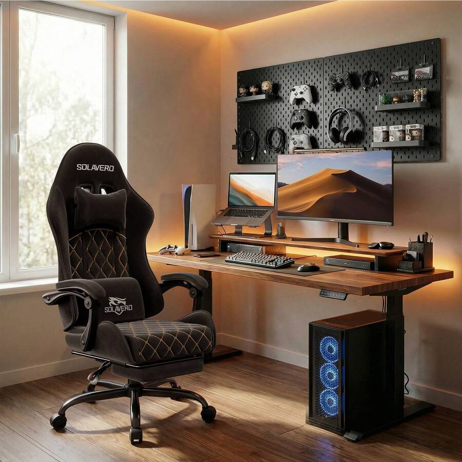 Gaming Chair With Massage Lumbar Pillow, Breathable Felt Fabric, 90-135° Reclining, Linkage Armrests, Footrest, Ergonomic Office Chair For Adults - 黑色 - 查看 1