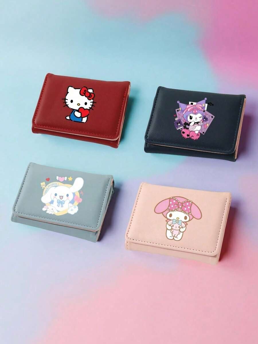 SANRIO 1个Hello Kitty女士短款钱包,粉白可爱图案,PU皮革迷你钱包,拉链封口,小巧对折设计,带信用卡夹层和零钱袋,时尚可爱,是送给女孩和青少年生日的理想礼物 - 彩色 - 查看 1