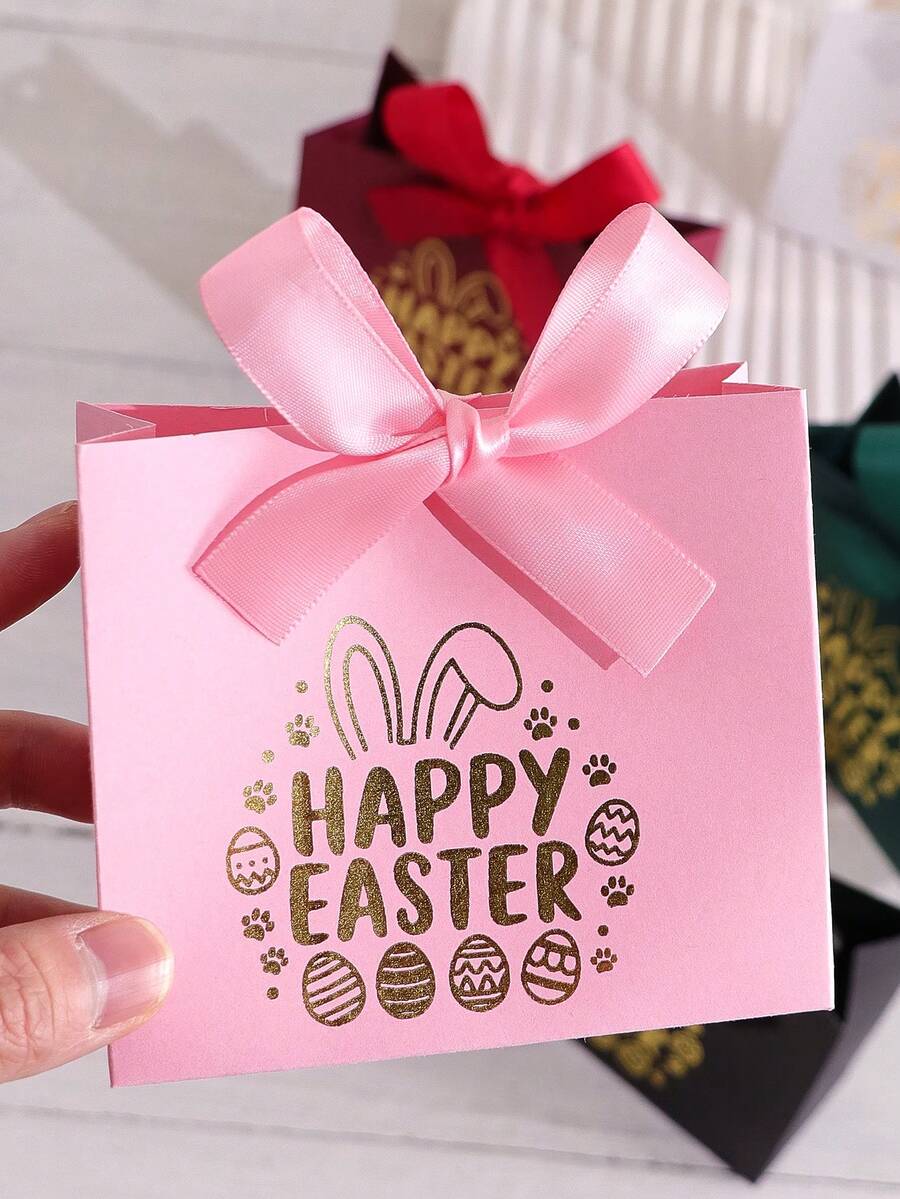 Five Exquisite Mini Easter Bunny Gift Boxes, Decorated With Gold Foil Bunnies And Egg Patterns And Adorned With Ribbon Bows, Are Perfect For Easter Celebrations, Egg Hunts, Spring Parties, And Festive Treats.
