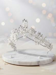 1PC Handmade Royal Style Cluster Faux Pearl Tiara, Elegant Silver Leaf & Rhinestone Wedding Crown, 3.54 Inch High Puffy Headband With Hair Combs For Brides & Prom - Silver - View 7