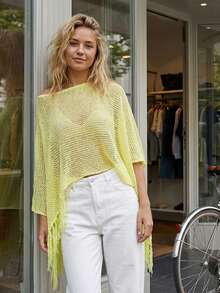 Women Knit Cover-Up, See-Through Solid Irregular Loose Pullover Summer Beach Tops - Yellow - View 4