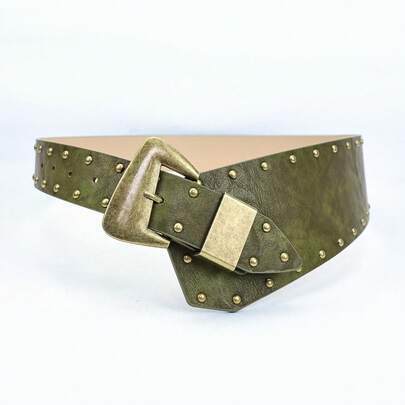 1pc Boho Western Style Olive Green Women's PU Waist Belt, Vintage Asymmetrical Bronze Buckle Waist Belt, Rivet Belt, Y2K Belts, Western Belt For Women, Chunky Belt, Rodeo, Suitable For Dresses, Casual Wear, Western Accessories, Suitable For Party, Casual Outing, Vacation, Date, Shopping, Holiday Gift, Campus, Street, Beach, Summer
