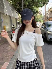 白色性感修身不对称肩短袖T恤，女士夏季新款露脐休闲上衣 - 白色 - 查看 3