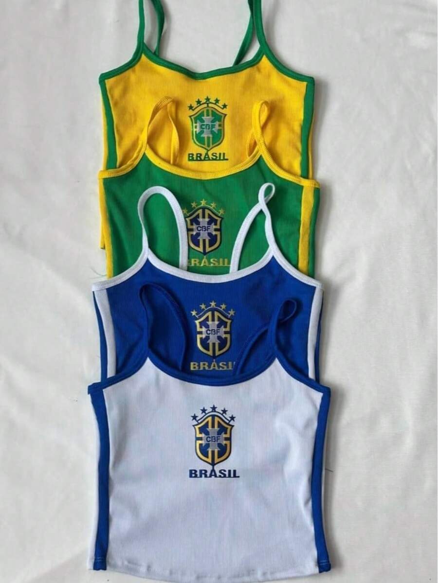 Cropped Top With Thin Straps, Ribbed Fabric, World Cup Brazil Design. - 藍色 - 查看 1