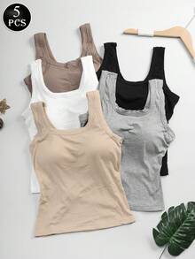 5pcs Seamless U-Back Ribbed Tank Tank Tops Women With Built-In Bras For Women, Solid Color Slim-Fit Essentials For Layering,, Exposed Shoulder Sleeveless For Spring Summer Fall Layering - Solid Color Machine-Washable, Beachwear & Casual, Summer Tops, Tank Tops - Multicolor - View 1