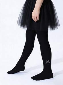 1件装女童闪亮水钻蝴蝶装饰薄款连裤袜，时尚水钻黑色长筒袜，适合女童户外活动 - 黑色 - 查看 4