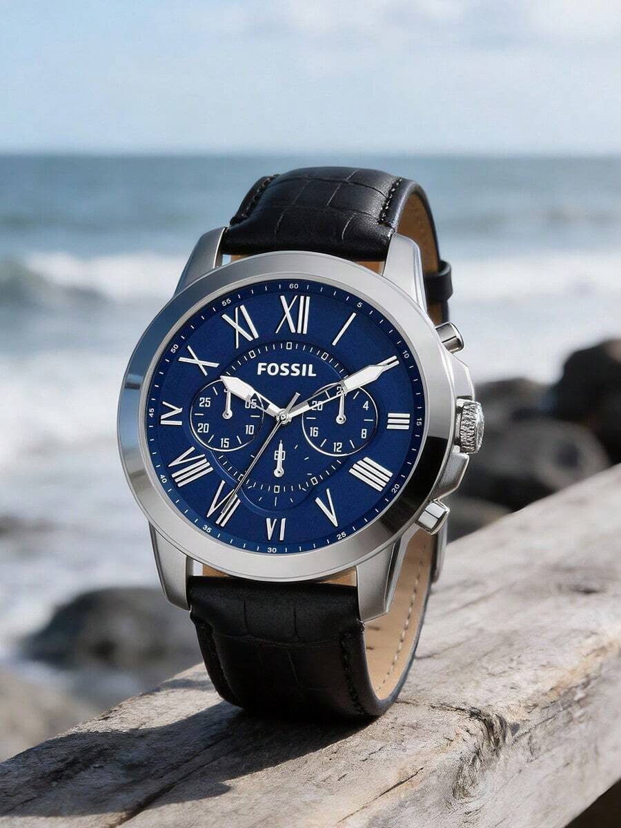 Đồng hồ bấm giờ Grant Quartz dành cho nam, mặt số đen, dây da đen, hiển thị ba kim, phong cách công sở thường ngày, phù hợp để đeo hàng ngày. FS4991 - Màu xanh lam - Xem 1