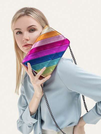 Fashionable Small Rainbow Colorful Stripes Handbag Women Metallic PU Leather Patchwork Square Flap Chain Cross Body Shoulder Bag