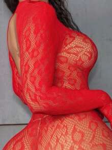 女士性感渔网连体衣，紧身网纱连体衣，内衣，睡衣，比基尼罩衫 - 紅色 - 查看 3