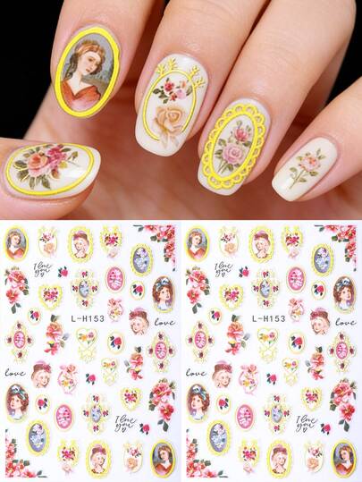 3D Bronzing Women & Flower Nail Stickers 2pcs Gold Lace Frame Pink Red Rose Petal Floral Print DIY Holographic Elegant Retro Self-Adhesive Salon Decal Slider Nail Art Decoration Nail Supplies