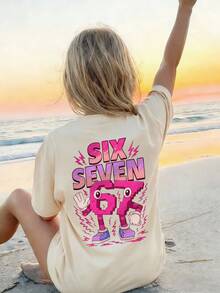 Áo thun ngắn tay cổ tròn dáng rộng thoải mái cho bé gái, in hình số 67 và chữ cái hoạt hình ngộ nghĩnh ở mặt sau, phong cách nghỉ hè đi biển, thời trang đường phố retro Mỹ, phù hợp cho đi học, mặc hàng ngày, dự tiệc sinh nhật, thoải mái và đa năng. - Màu be - Xem 1