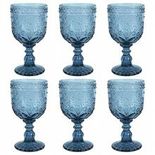 Sunflower Embossed Wine Glasses Set Of 6 – 10oz Blue Vintage Goblets, Dishwasher Friendly Stemmed Drinking Cups For Wedding Toast, Cocktail, Juice & Home Entertaining - 藏蓝色 - 查看 10
