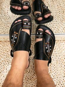 Men's Middle Eastern Arabic Style Basic Faux Leather Sandals, Black Casual Beach Slippers - Black - View 6