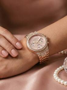 Guess Women's Luxury Rose Gold "Diamond" Watch, Pink Crystal Embedded Dial With Rectangular Diamond Inlay, Sparkling Party Wristwatch GW0320L6 - Rose Gold - View 2