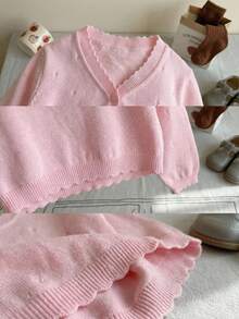 女童优雅粉色短款镂空针织开衫，单扣轻薄透气披肩，春夏款 - 粉色 - 查看 5