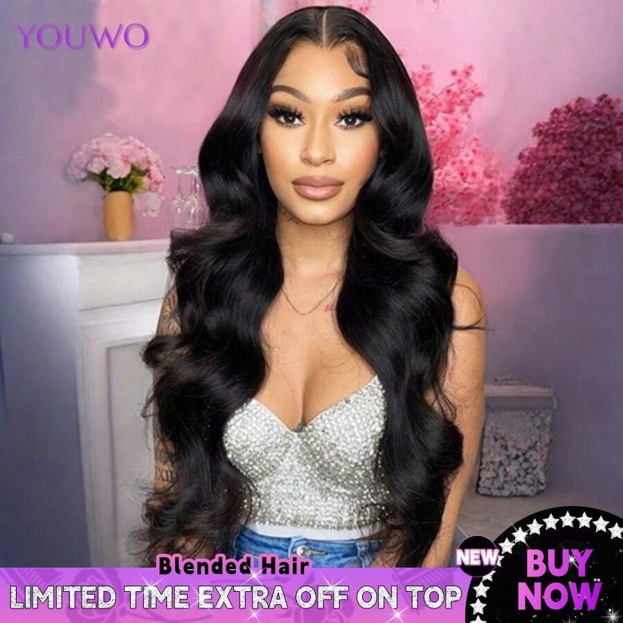 自然黑 13x4 高清透明蕾丝前额假发，带婴儿发，波浪卷发，混纺真人发蕾丝前额手工编织假发，巴西原生发，适合女性，尺寸 8-34 英寸