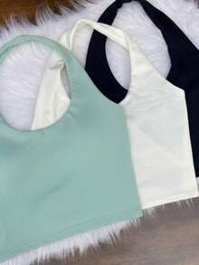 SET OF 3 Cropped Tops, Halter Neck Blouses, Fitness, Gym, Casual Fashion - 薄荷綠,米白色,黑色 - 查看 1
